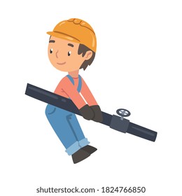 Boy Construction Worker Holding Pipe, Cute Little Builder Character Wearing Blue Overalls and Hard Hat Cartoon Style Vector Illustration