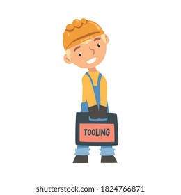 Boy Construction Worker with Toll Box, Cute Little Builder Character Wearing Blue Overalls and Hard Hat with Professional Tools Cartoon Style Vector Illustration