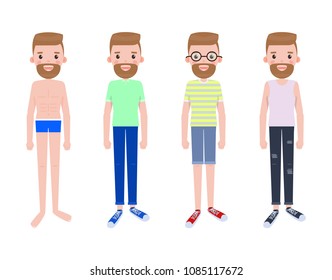 Boy constructor, male character in pants, casual and home cloth, summer apparel collection, man with beard, in glasses vector set isolated on white