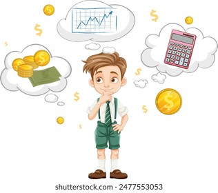 Boy contemplating money, graphs, and calculator