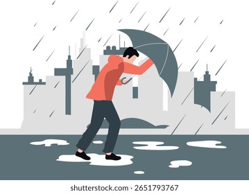 O menino continua a enfrentar a chuva forte, sua pequena figura lutando contra a chuva implacável da natureza, determinada e resiliente em meio ao ataque molhado.