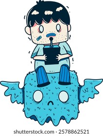 A boy controling a monster using a remote control