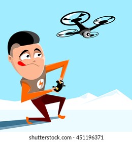Boy controling quadrocopter. Air drone hovering in the sky above mountains, vector illustration, flat design. Kids game, education, entertaiment and science.