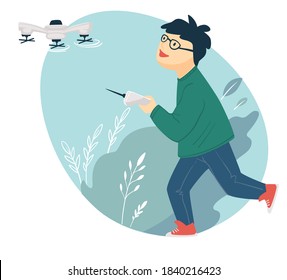 Boy controlling flying drone, playing outside with innovative toys and gadgets. Kid with quadcopter using controller or gamepad, male character having fun outside. Childhood vector in flat style