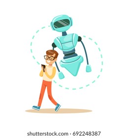Boy controlling his robot with mobile phone, future technology concept vector Illustration