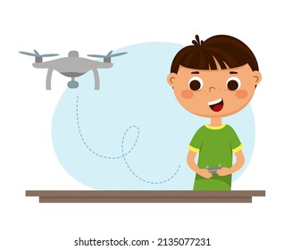 El niño controla el cuadrilátero desde el mando a distancia. Programación de robótica infantil. Ilustración del vector aislada en un fondo blanco