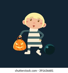 Boy In Convict In Irons  Haloween Disguise Funny Flat Vector Illustration On Dark Background
