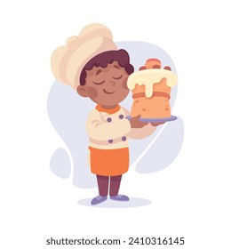 Boy Cook or Chef Character in Uniform Holding Cake Vector Illustration