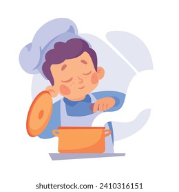 Boy Cook or Chef Character in Uniform Cooking Meal Vector Illustration