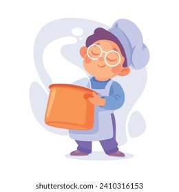 Boy Cook or Chef Character in Uniform Holding Pot with Soup Vector Illustration