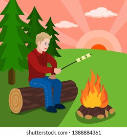 Boy cook marshmallow on fire concept background. Flat illustration of boy cook marshmallow on fire vector concept background for web design