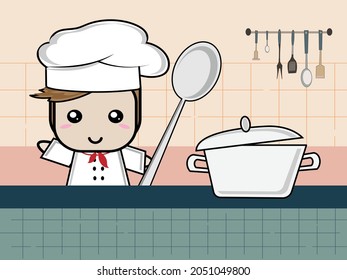 Boy cook prepares soup in a saucepan in the kitchen. Cartoon character flat vector illustration. 