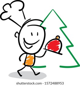 Boy cook preparing new year dish near new year eve.
Boy hand drawn doodle line art cartoon design character - isolated vector illustration outline of woman.

