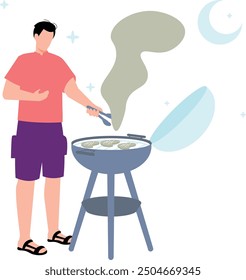 El chico está cocinando carne en la parrilla.