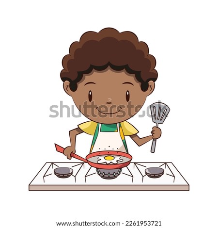 Boy cooking fried egg, chef using stove