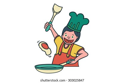 Boy cooking fried egg in the frying pan.