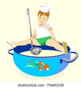 the boy is cooking. he climbed onto the pan and tasted food.
He has a chef's hat, he holds a ladle in his hand. The boy wants to be a cook.