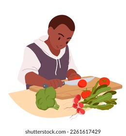 Boy cooking at home kitchen vector illustration. Cartoon cute little child chopping fresh tomato with knife on wooden board, young funny chef character cutting healthy vegetables for dinner or lunch