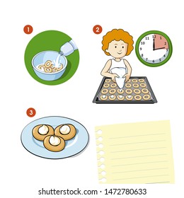 Boy cooking in the kitchen. Step by step recipe. Isolated vector illustration.