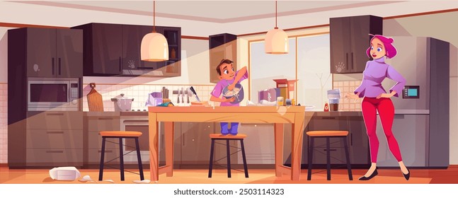 Muchacho cocinando en la cocina desordenada. Ilustración de dibujos animados de Vector de la madre molesta mirando al hijo agitando la comida en el tazón, manchas de alimentos y derrames en la mesa sucia, paquete de residuos en el piso, huellas de manos en los muebles