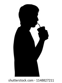 A boy with cool coffee cup silhouette vector. Person food and drink concept.