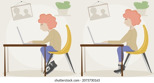 Boy with correct posture and impaired posture. Before after. Boy with ginger hair at the table