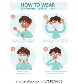 The boy correctly puts on a facial medical mask. Instruction How to wear single-use medical mask. Hand-drawn cartoon flat infographic.