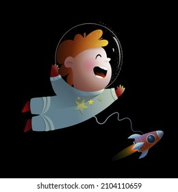Boy Cosmonaut in outer space funny cartoon kids character. Child in outer space with spacecraft wearing cosmonaut suit. Kids clipart isolated on black background. Vector in watercolor style. 