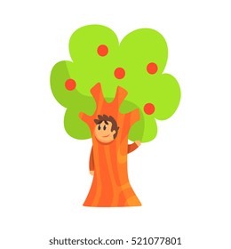 Boy In Costume Of The Apple Tree Performing In Theatrical Show In Fairy-Tale Story