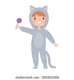 boy in costume cat with candy icon isolated