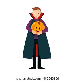 the boy in the costume of Dracula with pumpkin, vector male character for the holiday of Halloween, vector illustration isolated from background