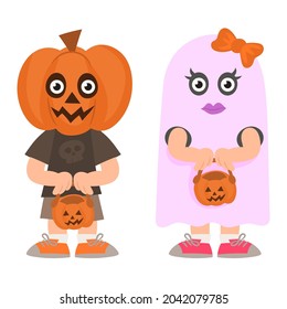 Boy in costume like a pumpkin and a girl dressed like funny ghost