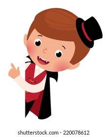 Boy in costume a vampire Halloween points to the white board vector illustration
