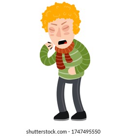 Boy coughs. Redhead kid is Sick. Children drawing. Virus and cold. Medical care and illness. Unhealthy guy covers mouth. Flat cartoon. Man in green sweater and scarf