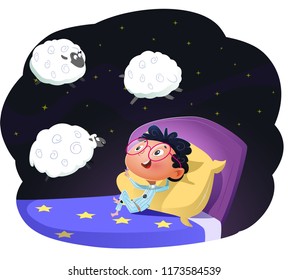 Boy counting sheep to fall asleep. Cartoon vector illustration
