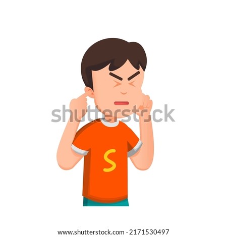 a boy covered his ears with his index finger because he was disturbed by the noise
