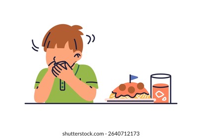 The boy covered his mouth with both hands and refused to eat his meal, spaghetti and juices. Male children that picky eater has no appetite. Flat illustration vector isolated on white background