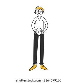 Boy covering faces with positive masks. Depressed people hiding their emotions. Vector illustration for emotion