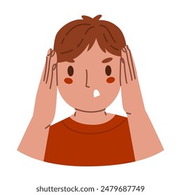 El niño se cubre las orejas con las manos. Gesto de falta de voluntad para escuchar. Negarse a escuchar a alguien. Día Mundial de la Hepatitis Ilustración vectorial aislada sobre fondo transparente.