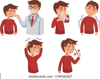 boy with covid-19 symptom. Checking temperature, getting headache and fever, feeling dizzy and exhausted, having running nose.