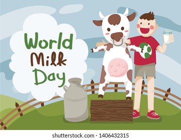 Boy and Cow in Farm, World Milk Day, Vector, Illustration