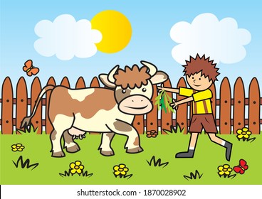 boy and cow on pasture, vector illustration, drawomg	