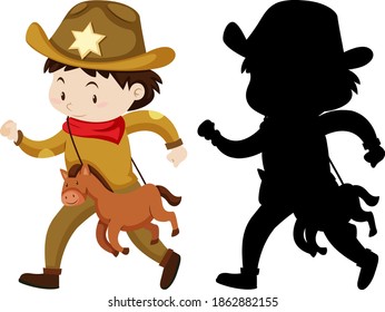 Boy in cowboy costume in color and silhouette illustration