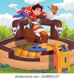 niño con sombrero de vaquero y muchacha emocionada, máquina de juegos de toro de montar arrollada, ilustración vectorial