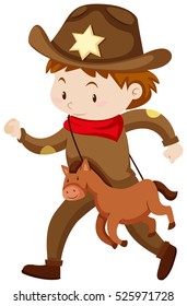 Boy in cowboy outfit with toy horse illustration