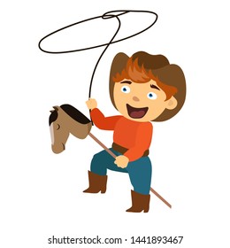 A boy in a cowboy suit with a hat and lasso. Funny cartoon character
