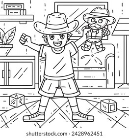 Boy with Cowboy Toy Coloring Page for Kids