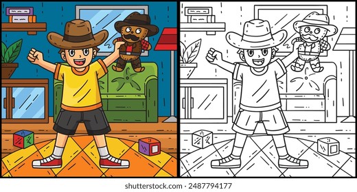 Boy with Cowboy Toy Coloring Page Illustration