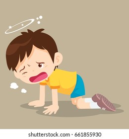 Boy crawling have Dizziness on the floor with stars spinning around his head.