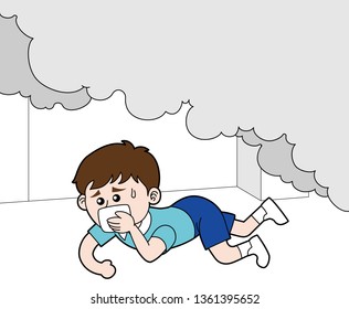 A boy crawling under smoke of a fire